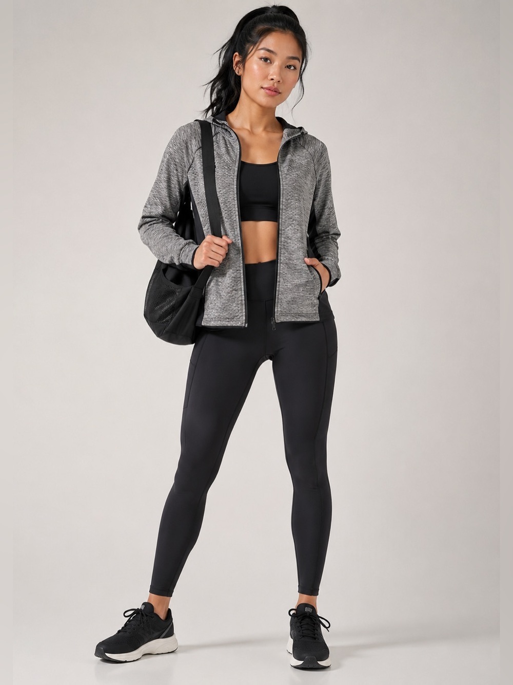 Athleta Hybrid Full-Zip Performance Hoodie – S, Gray & Black, Athletic Jacket